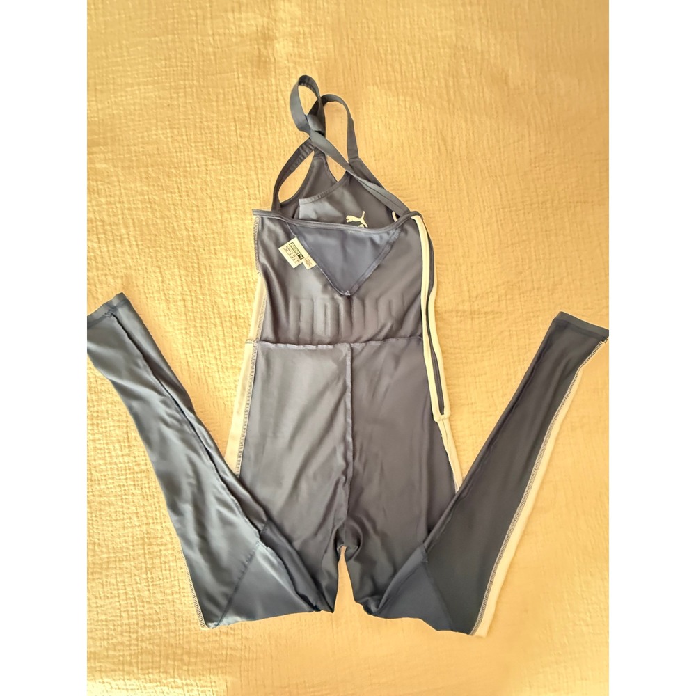 PUMA Womens S Blue White One Piece Unitard Jumpsuit Y2K Athletic Strappy Logo - Picture 9 of 12
